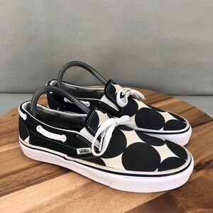 Vans Boat Shoe Slip On Canvas Black Beige Polka Dot Lace Up Womens Size 9